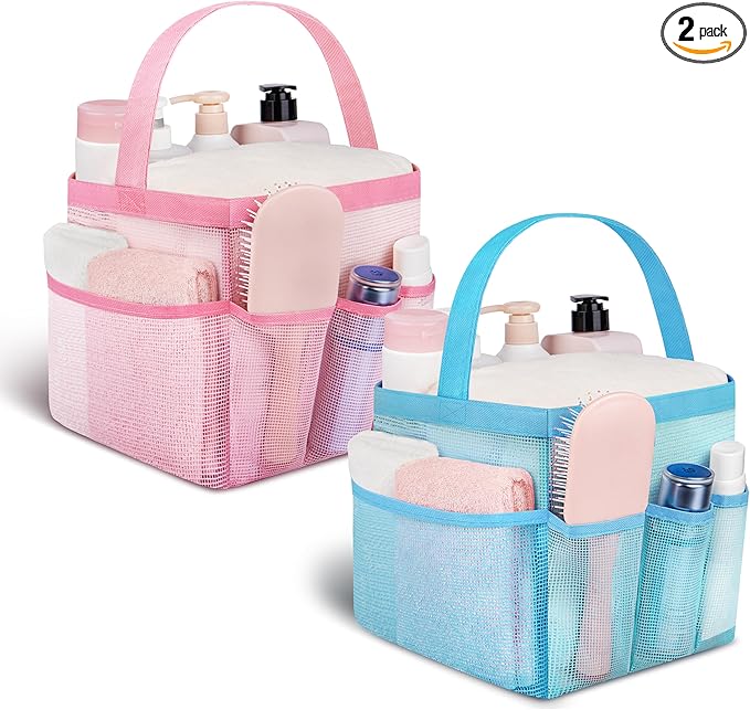 Attmu 2 Pack Mesh Shower Caddy Portable for College Dorm Room Essentials with 8 Pockets, Hanging Shower Caddy Dorm Basket, Quick Dry Shower Bag for Bathroom