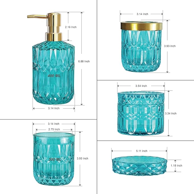 LaMarriti Teal Blue Bathroom Accessories Set, 5Pcs Clear Glass Bathroom Accessories, Hand Soap Dispenser Set, Soap Dish, Toothbrush Holder, Tumbler, Qtip Holder for Crystal Vantage Bathroom Decor