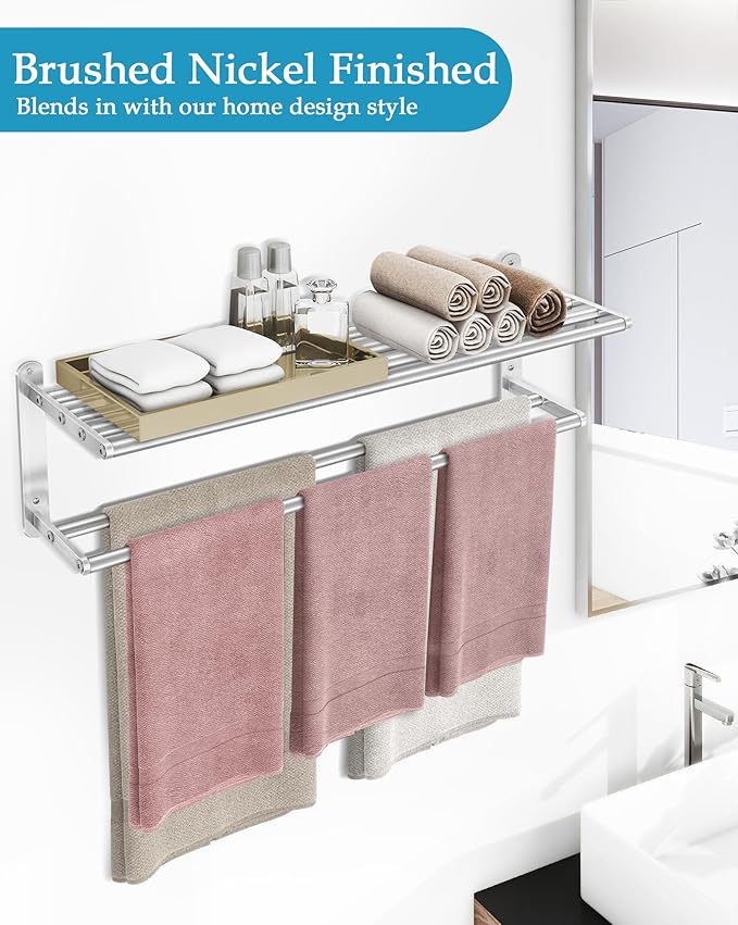 32 in Towel Racks for Bathroom, Bath Towel Shelf with Double Towel Bar, Stainless Steel Towel Storage for Lavatory Wall Mounted, 2-Tier Towel Hanger Towel Holder, Brushed Nickel