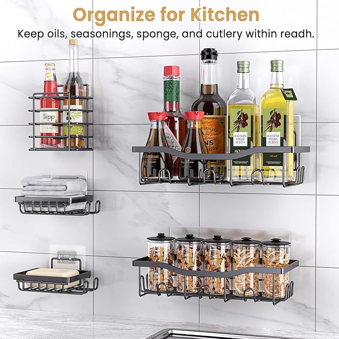 Rustproof Stainless Steel Shower Caddy 5 Pack, Bathroom Storage Accessory Shelf Organiser No Drilling Hanging, Soap Toothbrush Holder Set, Kitchen Wall Mounted Corner Decor, Matte Black