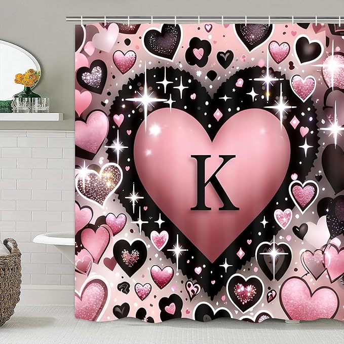 AZHM Romantic K Heart Shower Curtain Set 4 PCS Pink Love Theme Bathroom Decor for Wedding and Valentine's Day Gift with Rugs and 12 Hooks