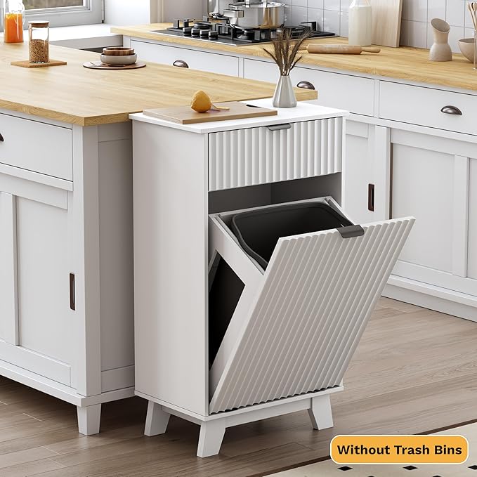 Double Tilt Out Laundry Hamper Cabinet, 20 Gallon Wooden Trash Can Cabinet with Storage Drawers, Hidden Fluted Garbage Can Holder for Kitchen, Living Room (White, 20.47" W x 35.83" H x 13" D)