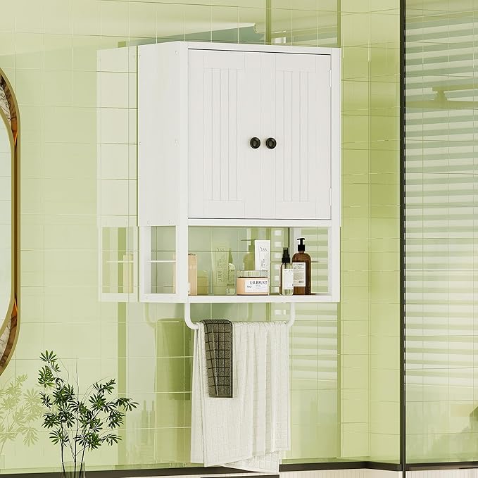 Homeiju Rustic Wall Mounted Medicine Cabinet, White Wood Storage Cabinet with Two Barn Doors, Shelf and Towel Bar for Bathroom, Living Room, Kitchen, White