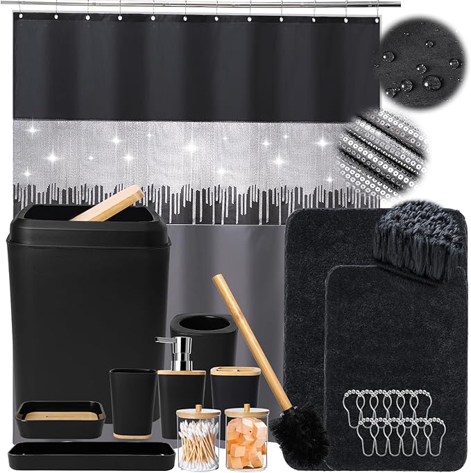 XLHOMO Bathroom Sets with Shower Curtain and Rugs,24PCS Black Bathroom Set Shower Curtain Set with Bathroom Trash Can Bathroom Accessories