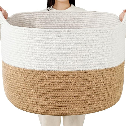 Foldable Laundry Hamper Basket with Collapsible Handle Cotton Rope Soft Woven Fabric Storage Organizer Clothes Toys Nursery Bedroom Dorm Space Saving Bin (White & Camel, 65L(19.7"D x 12.6"H))