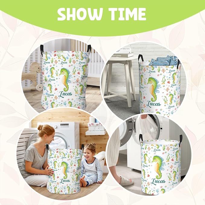 Personalized Seahorse Laundry Hamper, Ocean Themed Laundry Baskets with Custom Name, Collapsible Hamper for Kids Adults Home Decoration,16.5 X 13.8in