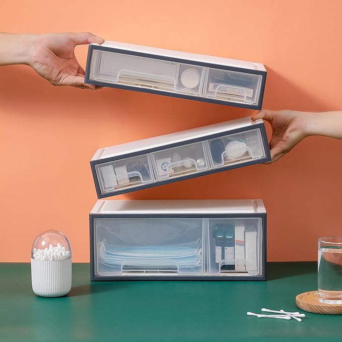 Cosmetic Storage Box - Makeup & Drug Organizer, 4-Piece 8-Drawer, 5-Slot, Transparent