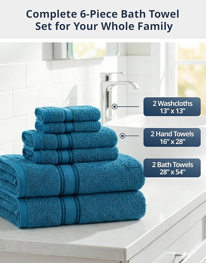 LANE LINEN Luxury 6-Piece Bath Towel Set - 100% Cotton, Quick-Dry, Super Absorbent, Zero Twist - Includes 2 Bath Towels, 2 Hand Towels, 2 Washcloths - Sea Port