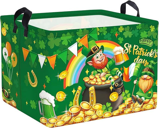 Clastyle Saint Patrick's Day Storage Basket Four Leaf Clover Clothes Book Toy Shelf Basket Kid Room Decor Gift Storage Bin Organizer,Leprechaun,40x30x30 cm