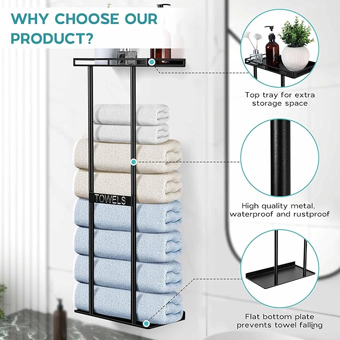 Onader Towel Racks for Bathroom Wall Mounted, 30 Inch Bath Storage Towel Holder with Metal Shelf, Black