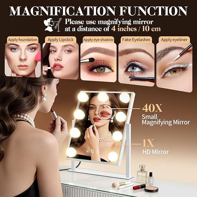 Magnifying Makeup Mirror Hollywood Vanity Mirror with Lights, 3 colors light, Smart Touch Control, brightness adjustable, 360°Rotation with Detachable 40X Small Magnification Mirror (14“L x 12“W)