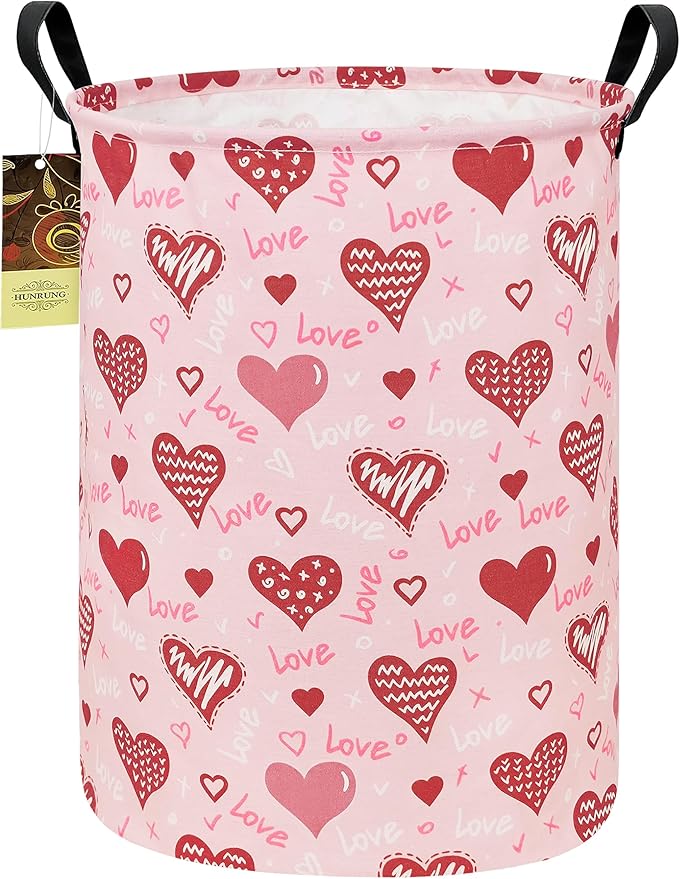 HUNRUNG Laundry Hamper,Large Canvas Fabric Lightweight Storage Basket Toy Organizer Dirty Clothes Collapsible Waterproof for College Dorms???Round-Pink Love Heart???