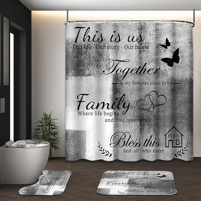Family Home Motivational Shower Curtain Set with Toilet Lid Cover and Non-Slip Rugs for Bathroom, Grey White Abstract Painting Art 4 Pcs Shower Curtain, Modern Bathroom Set with 12 Hooks