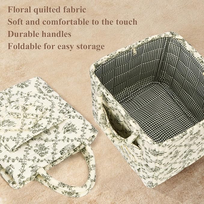 Quilted Fabric Basket Car Storage Basket Boho Floral Laundry Hamper for Nursery Bedroom & Living Room | Organize Clothes Toys
