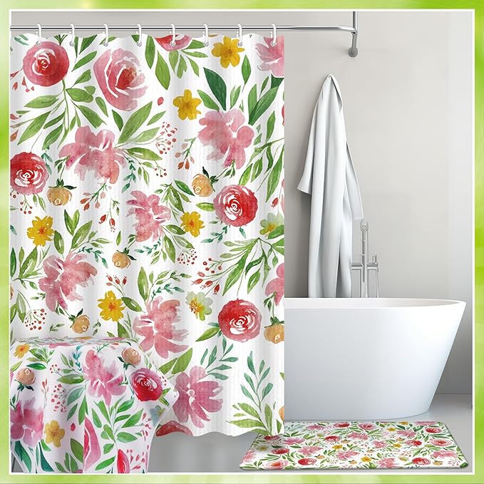 Nuanchu 6 Pcs Spring Shower Curtain Set with Rug Flower Bathroom Sets with Shower Curtain Bath Mat U Shaped Mat Toilet Lid Cover 2 Bath Towels and 12 Hooks Spring Flower Bathroom Decor