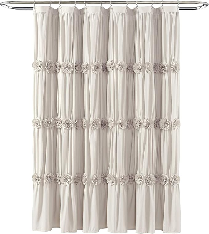 Lush Decor, Neutral Darla Shower Curtain-Ruched Floral Vintage Chic, Farmhouse Style Design, 72 x 72