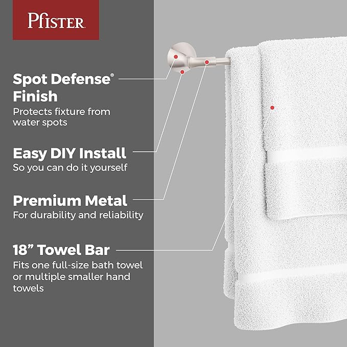 Pfister Willa Bath Towel Bar for Bathroom, 24-Inch, Wall-Mounted, Screw-in, Brushed Nickel Finish, BTBWLL2K