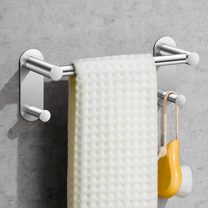 9 Inch Adhesive Towel Bar - Stainless Steel Stick on Towel Rack for Bathroom, No Drilling Towel Holder with 2 Hooks, Brushed Nickel