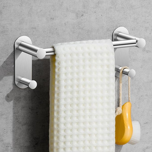 9 Inch Adhesive Towel Bar - Stainless Steel Stick on Towel Rack for Bathroom, No Drilling Towel Holder with 2 Hooks, Brushed Nickel