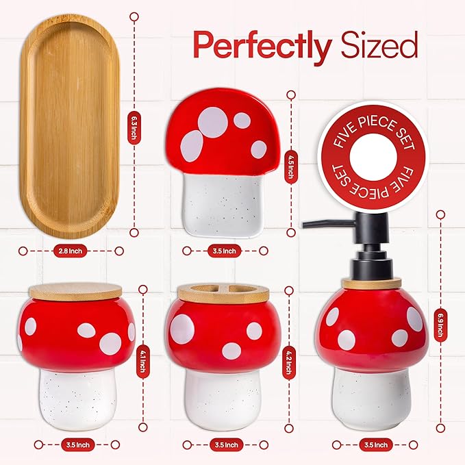 Mushroom Bathroom Decor Set – Ceramic Soap Dispenser, Toothbrush Holder, Canister, and Soap Dish with Bamboo Accessories – Cottagecore Bathroom Gifts for Women