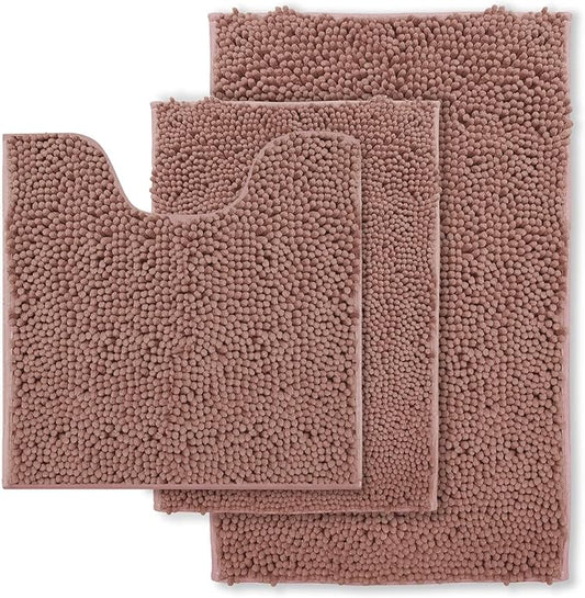 Chenille Bathroom Rugs Set 3 Piece Bath Mats for Bathoom Non-Slip Luxury Bathroom Rug Extra Soft and Absorbent Shaggy Rugs Washable Dry Plush Area Carpet