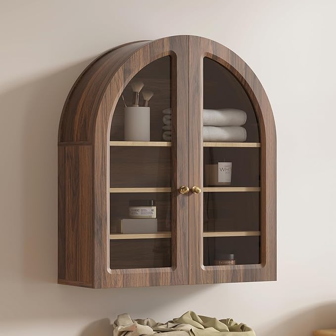 EYYTHUNG Brown Arched Wall Cabinet, Large Wood Bathroom Medicine Cabinet Wall Mounted Cupboard, Modern Floating Storage Cabinet with Acrylic Door Adjustable Shelf, Wood Organizer (Brown-Oak)