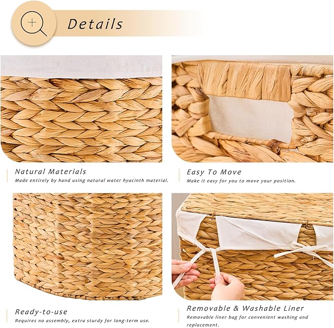 Half Round Wicker Laundry Hamper with Lid and 2 Removable Liner Bags, Handwoven Natural Water Hyacinth Laundry Basket for Dirty Clothes, Natural