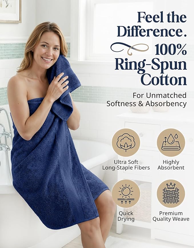LANE LINEN 100% Cotton Luxury Towel Set for Bathroom - 16 Pieces, Ring Spun - Plush, Soft & Highly Absorbent - 4 Shower Towels, 8 Washcloths, 4 Hand Towels - Complete Bathroom Towel Set - Navy Blue