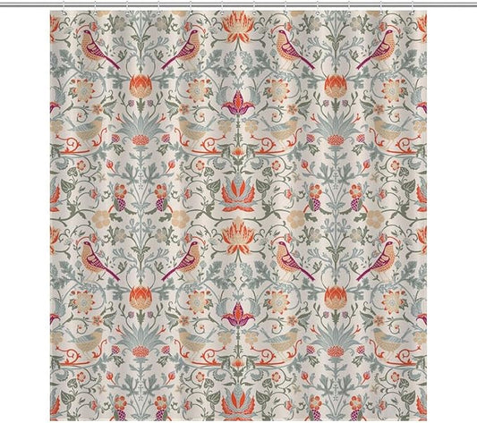 William Morris Flower Shower Curtain,Mid Century Vintage Flower Birds Elegant Animal Pattern Print Shower Curtains Sets Polyester Waterproof Fabric Decor Bathroom Curtain 72"×72" Inch With 12 Hooks