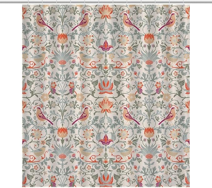William Morris Flower Shower Curtain,Mid Century Vintage Flower Birds Elegant Animal Pattern Print Shower Curtains Sets Polyester Waterproof Fabric Decor Bathroom Curtain 72"×78" Inch With 12 Hooks