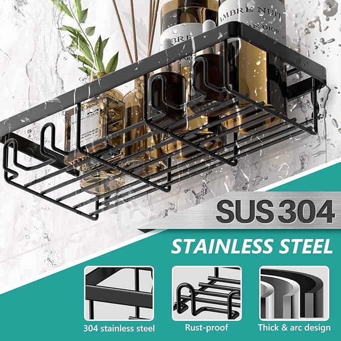 Cusbus Shower Caddy, 3 Pack Organizer, Adhesive No Drilling Traceless Shelves, Rustproof SUS304 Stainless Steel Bathroom Shelf for Inside & Kitchen Storage (Black)