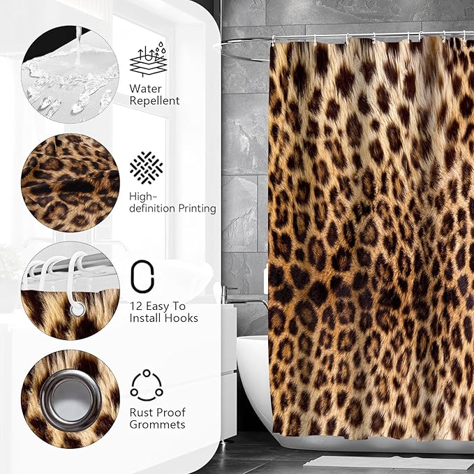 Onalasyc 5Pcs Brown Leopard Shower Curtain Set, Wall Painting Bathroom Sets with Shower Curtain and Rugs, Cheetah Print Bathroom Wall Art Decor Painting Shower Curtains Sets with Rugs