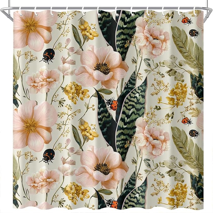 Floral Shower Curtain 72x72 Inch Botanical Flower and Ladybug Print Bathroom Curtain Vintage Garden Style for Cottagecore Decor