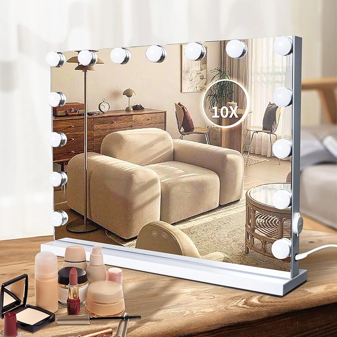 Hollywood Vanity Mirror with Lights, 15 Dimmable LED Bulbs 3 Color Lighted Makeup Mirror with Detachable 10X Magnification Mirror, Tabletop or Wall-Mounted, Touch Control
