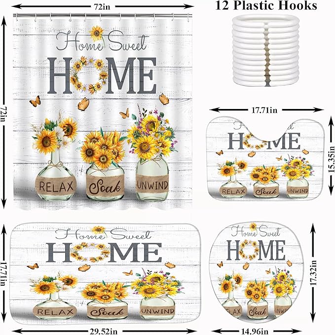 ALEXEX 4 PCS Yellow Sunflower Shower Curtain Set,Home Sweet Bathroom Set with Shower Curtain and Rugs and Accessories,Farmhouse Country Shower Curtain Bathroom Decor with 12 Hooks,72 X 72 Inches