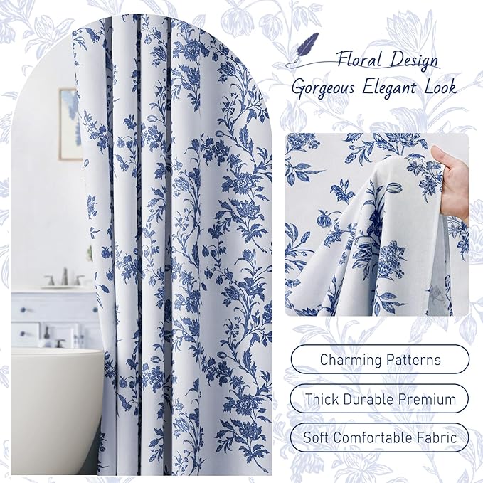 Blue Floral Shower Curtain,Vintage Cotton Cottagecore Shower Curtains for Bathroom, 72" W x 72" L