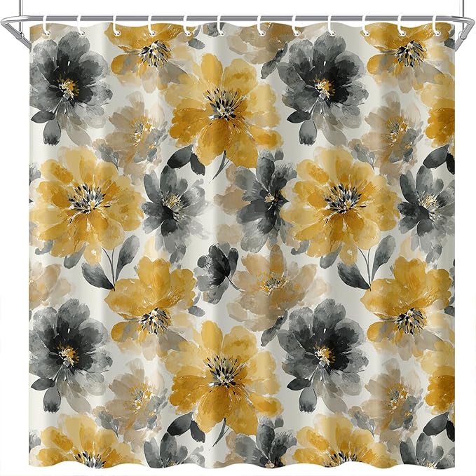 Yellow Grey Floral Shower Curtain 72x72 Inch Watercolor Flower Bathroom Curtain Modern Boho Style Machine Washable Decor