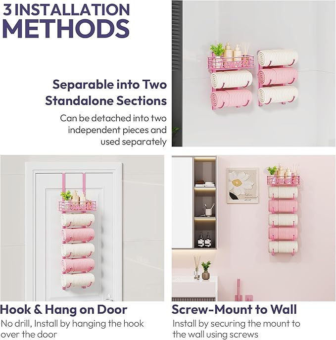 SWTYMIKI Hanging Towel Racks for Bathroom - 9 Tier Over the Door & Wall Mounted Bath Rolled Towel Storage Organizer Holder for Small Bathroom, RV, Camper (Pink, 6-Tier)