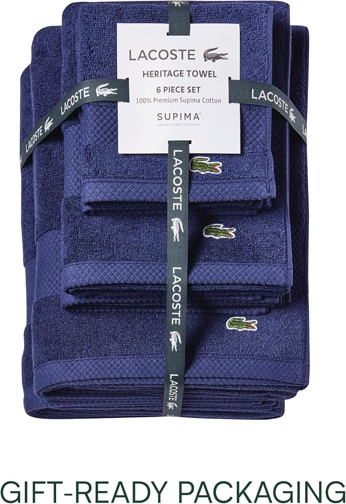 Lacoste Heritage Anti-Microbial Supima Cotton 6-Piece Towel Set, 2 Bath Towels, 2 Hand Towels, 2 Washcloths, Navy – Highly Absorbent & Quick Drying, Bathroom Essential, Machine Washable