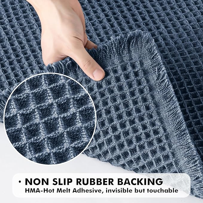 MIULEE Set of 2 Waffle Bathroom Rugs, Boho Bath Rugs Non Slip Washable, Super Absorbent Bath Mats, Ultra Soft Rubber Backed Shower Mats for Bathroom Floor, Tub and Shower, Blue, 18x30 Inch