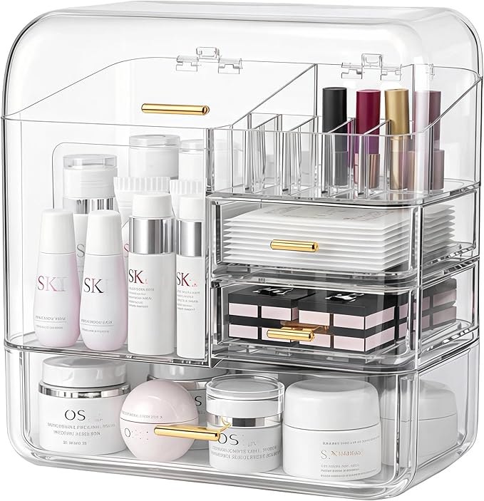Luxury Makeup Organizer with 3 Drawers & Dustproof Flip Lid, Large Capacity Cosmetic Display Case for Vanity, Clear Countertop Skincare Storage with 6 Lipstick Slots