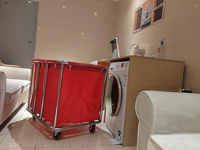 Commercial Laundry Cart with Wheels, 400L Large Rolling Laundry Cart with Steel Frame and Oxford Cloth, Heavy Duty Industrial Laundry Cart for Home,Hotel,Laundry Room, 441 lbs Load (Red-8)