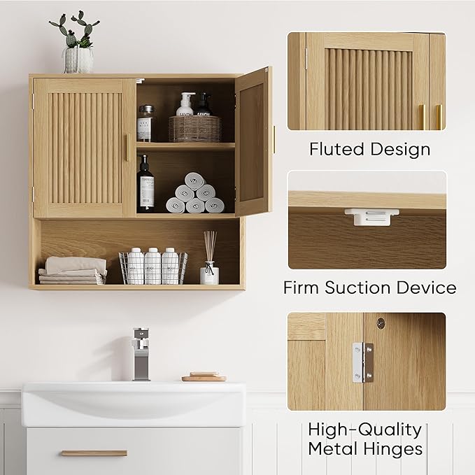 Smuxee Bathroom Cabinet Wall Mounted, Wooden Medicine Cabinet with Fluted Doors & Adjustable Shelf, Bathroom Cabinet for Bath Room, Living Room, Laundry Room