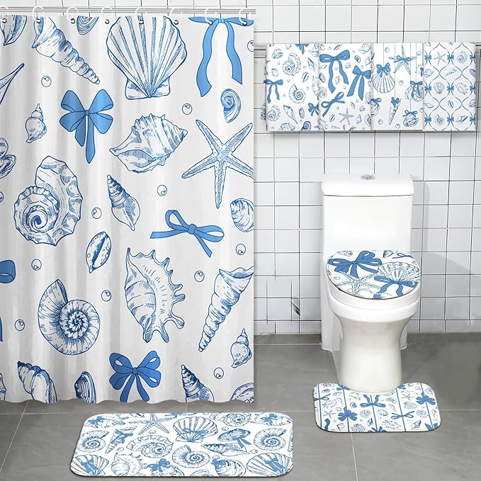 Tatuo 8 Pcs Beach Shower Curtain Set Blue Bow Ocean Bathroom Accessories Sets Coquette Starfish Coastal Waterproof Shower Curtain with Towels Carpet Bath Mat Toilet Rug 12 Hooks for Summer Beach Party