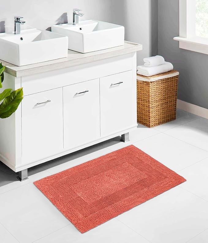 COTTON CRAFT Luxurious Bath Mat Rug - Set of 2 Reversible Heavyweight Step Out Bath Mats for Bathroom Floor, Tub and Shower - Pure Cotton Soft Plush Absorbent Tufted Racetrack Mat - 17 x 24 in - Coral