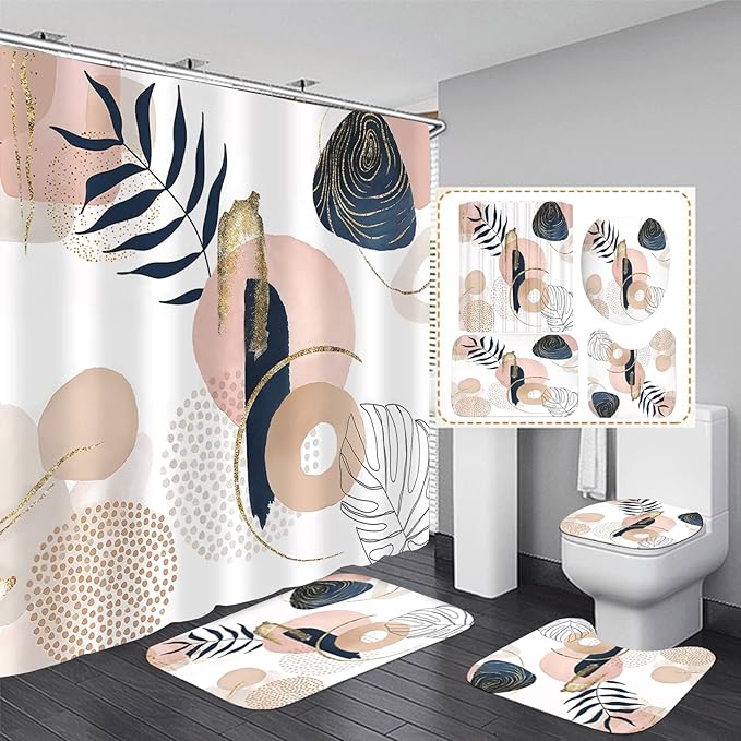 FZDHHY 4PCS Boho Cute Shower Curtains Set Modern Abstract Bathroom Set with Rugs, Minimalist Bathroom Decor Accessories Waterproof for Bathroom with Mat