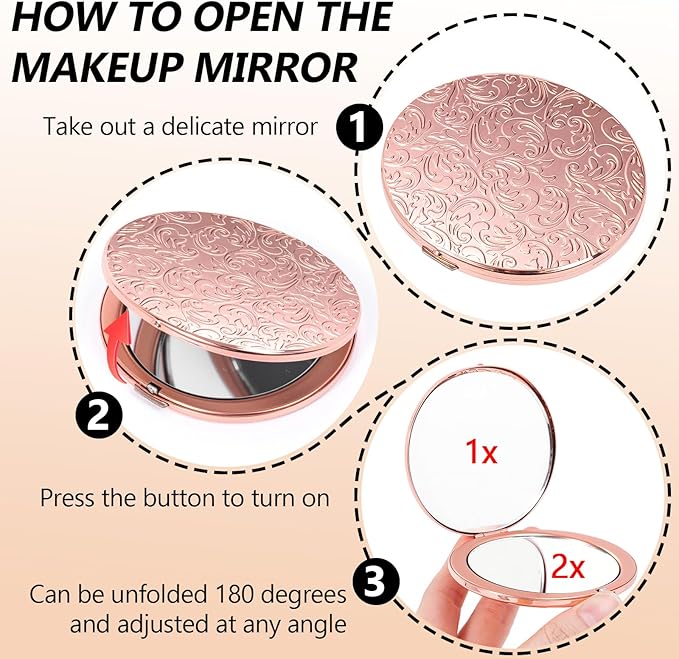 Oval Mini Portable Metal Folding Mirror, Beautiful and Elegant, Sturdy and Durable, 1X/2X Magnifier. (Oval Pattern Pink)