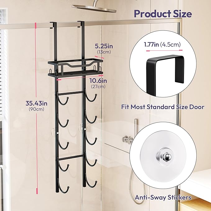 SWTYMIKI Over the Door Towel Rack - 6 Tier Towel Racks for Bathroom Wall Mounted, Towel Holder with Shelf, Hanging Rolled Towel Storage Organizer for Small Bathroom, Camper, RV, Black
