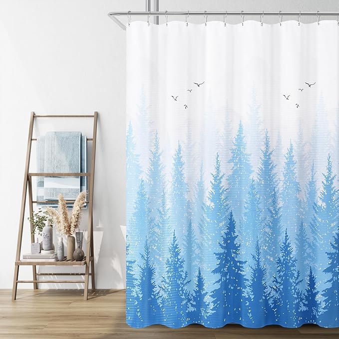Hokibero Sky Blue Misty Forest Mountain Nature Tree Fabric Shower Curtains for Bathroom Waterproof Heavy Duty Green and White Woohitedland Shower Curtain Bathtubs Hotel, 72 x 78 inch