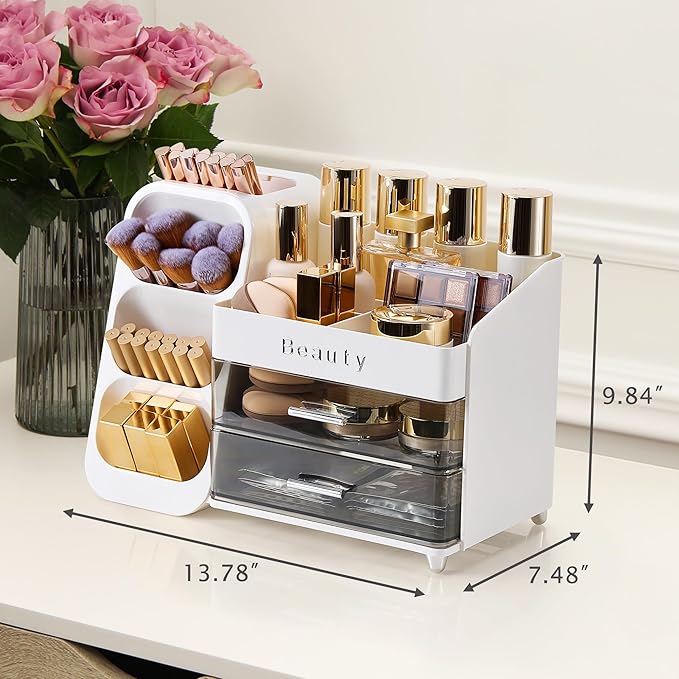 Makeup Organizer for Vanity with Brush Holder, Countertop Makeup organizer with Drawers for Skincare, Cosmetics, Perfumes, Eyeshadow Palettes, Spacious Cosmetic storage organizer